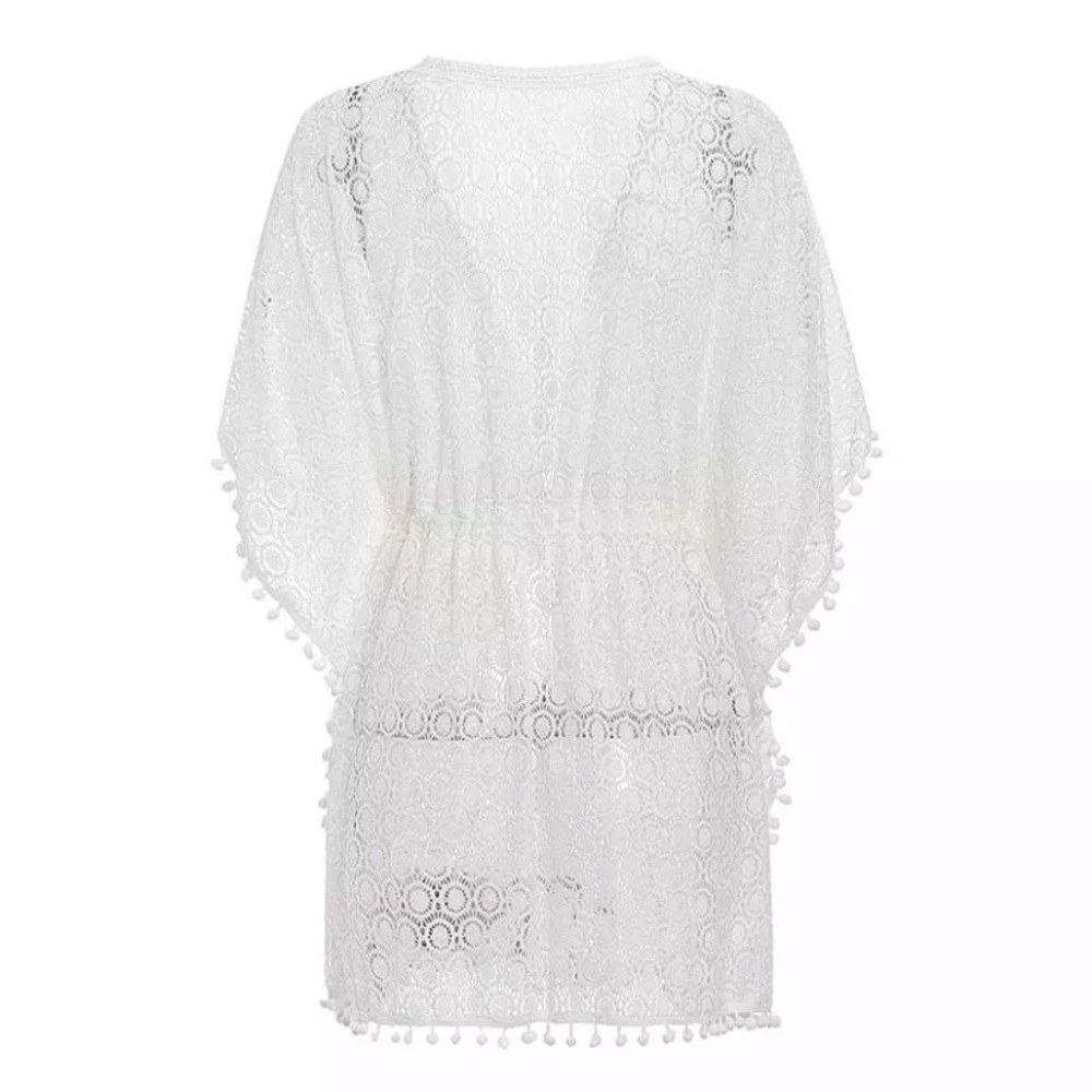 White Boho Pompom Crochet Coverup Kimono Wrap - Picture 5 of 7